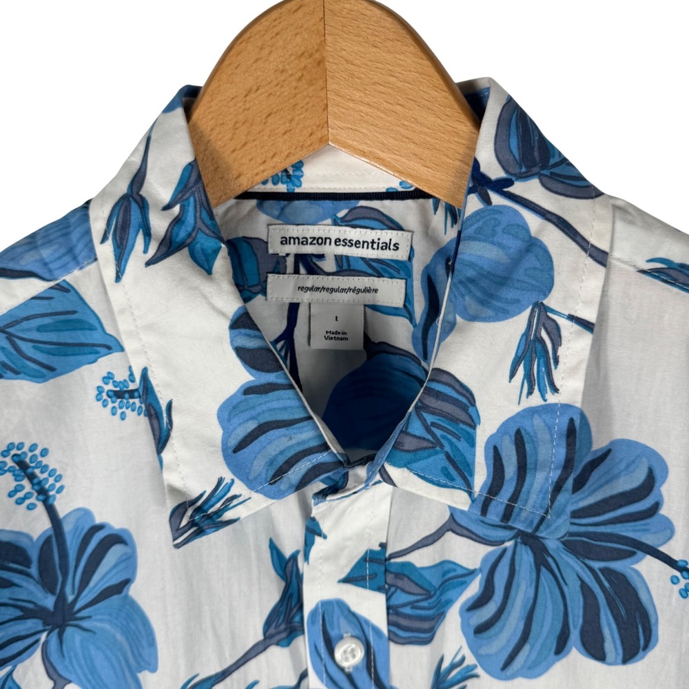 Amazon Essentials Mens Floral Hibiscus Short Sleeve Button Down Shirt Blue L